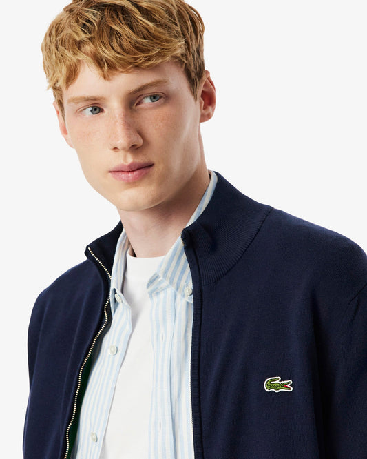 High Neck Zipped Cotton Mens Sweater - Navy Blue 166