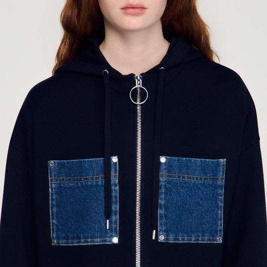 Knit and denim sweatshirt