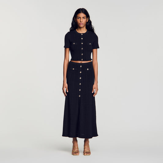 Cropped pointelle knit cardigan