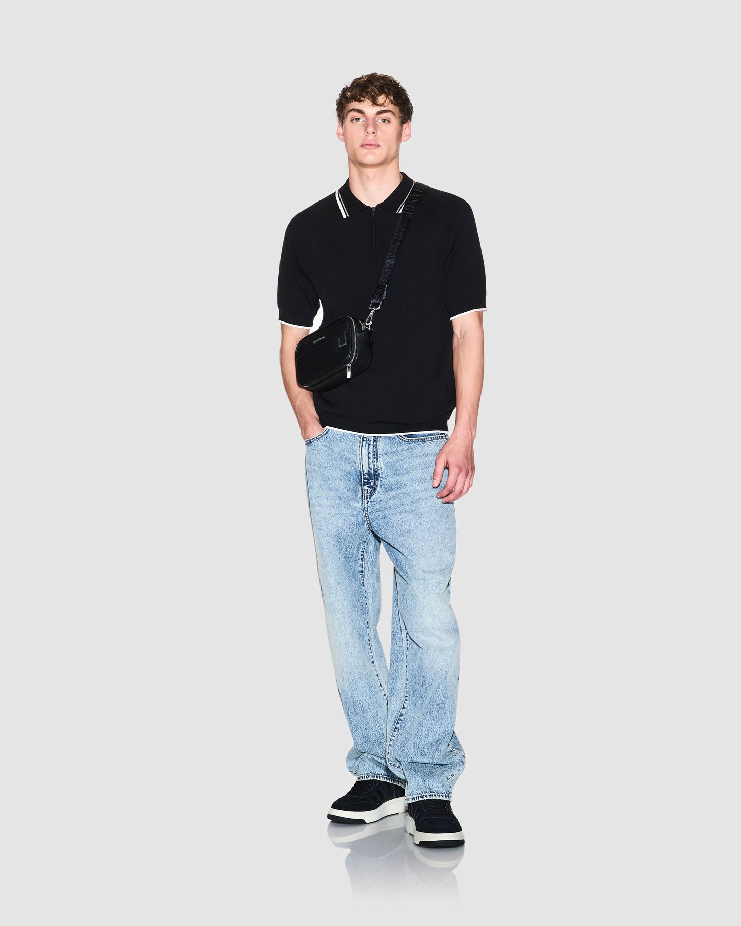 Mens Zip Placket Knit Polo - Black UC001
