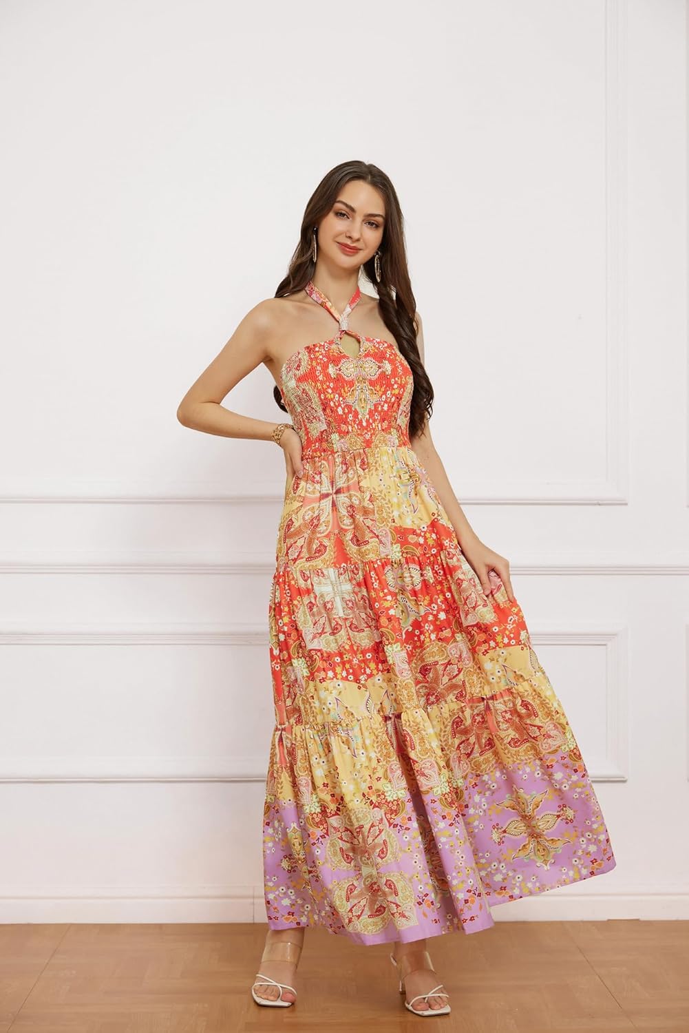 GRACE KARIN Women's Summer Dresses 2025 Halter Neck Sleeveless Smocked Backless Cut Out Floral Flowy A Line Maxi Dress