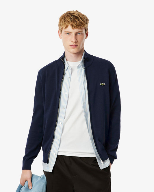 High Neck Zipped Cotton Mens Sweater - Navy Blue 166