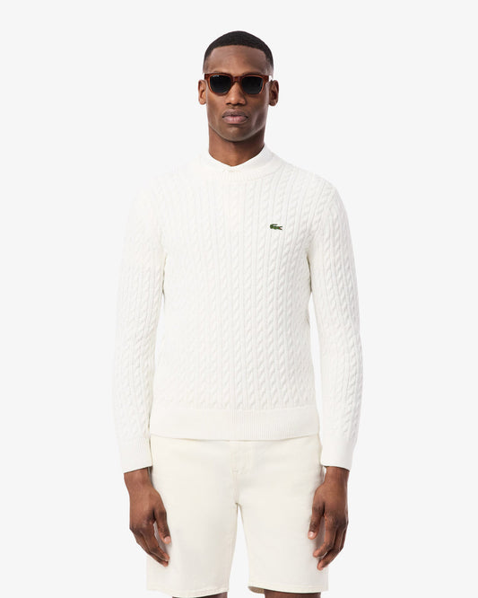 Cable Knit Mens Cotton Jumper - Flour/Green