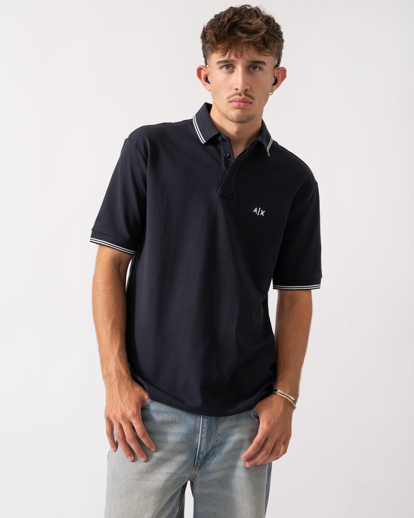 Mens A|X Monogram Polo Shirt with Double Tipping - Deep Navy UB101