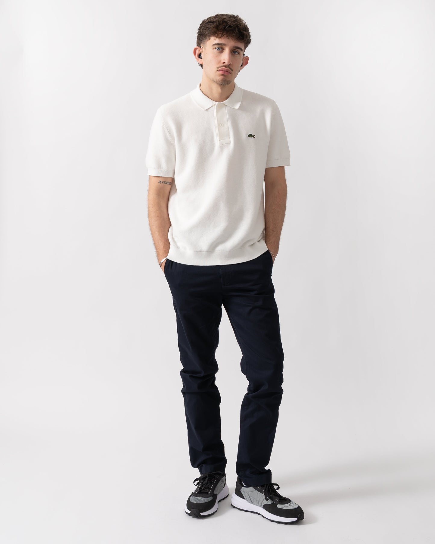 Moss Stitch Cotton Polo Collar Mens Sweater - Flour 70V