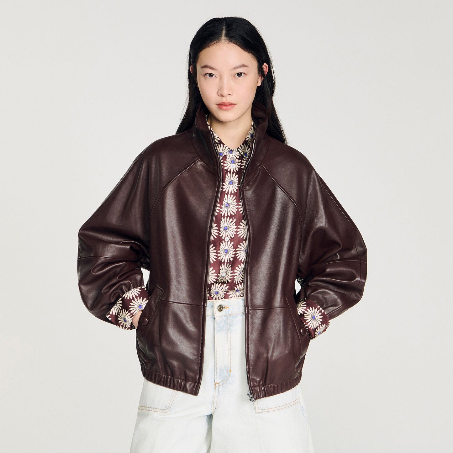 Oversized zip-up leather jacket
