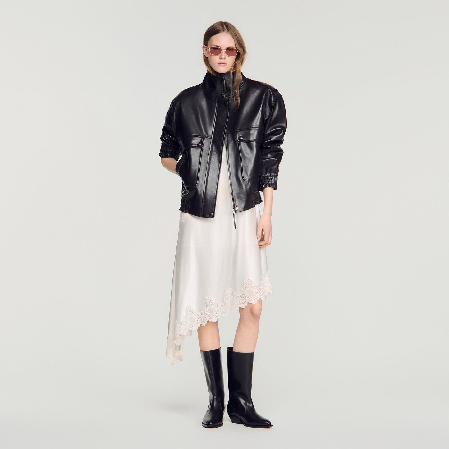 Standing collar leather jacket