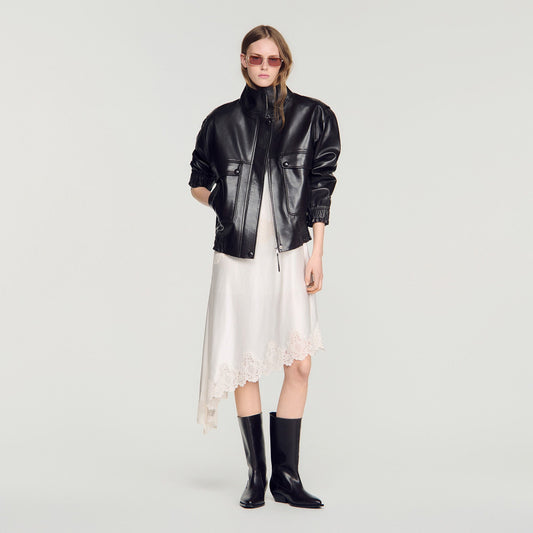 Standing collar leather jacket