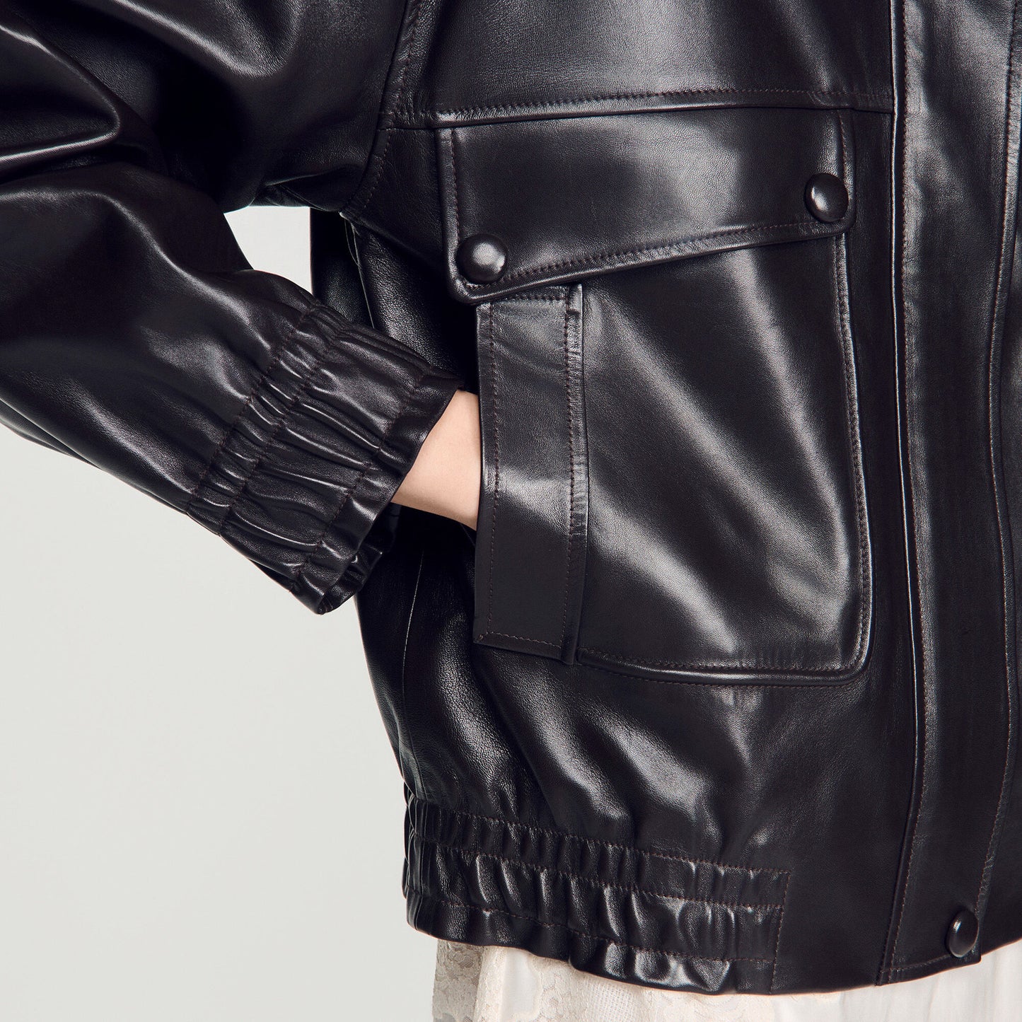 Standing collar leather jacket