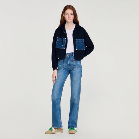 Knit and denim sweatshirt