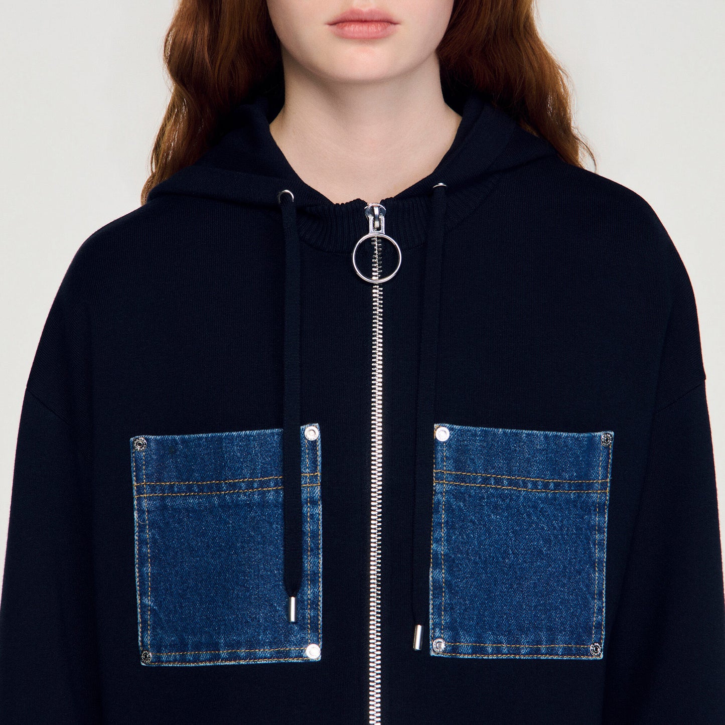Knit and denim sweatshirt