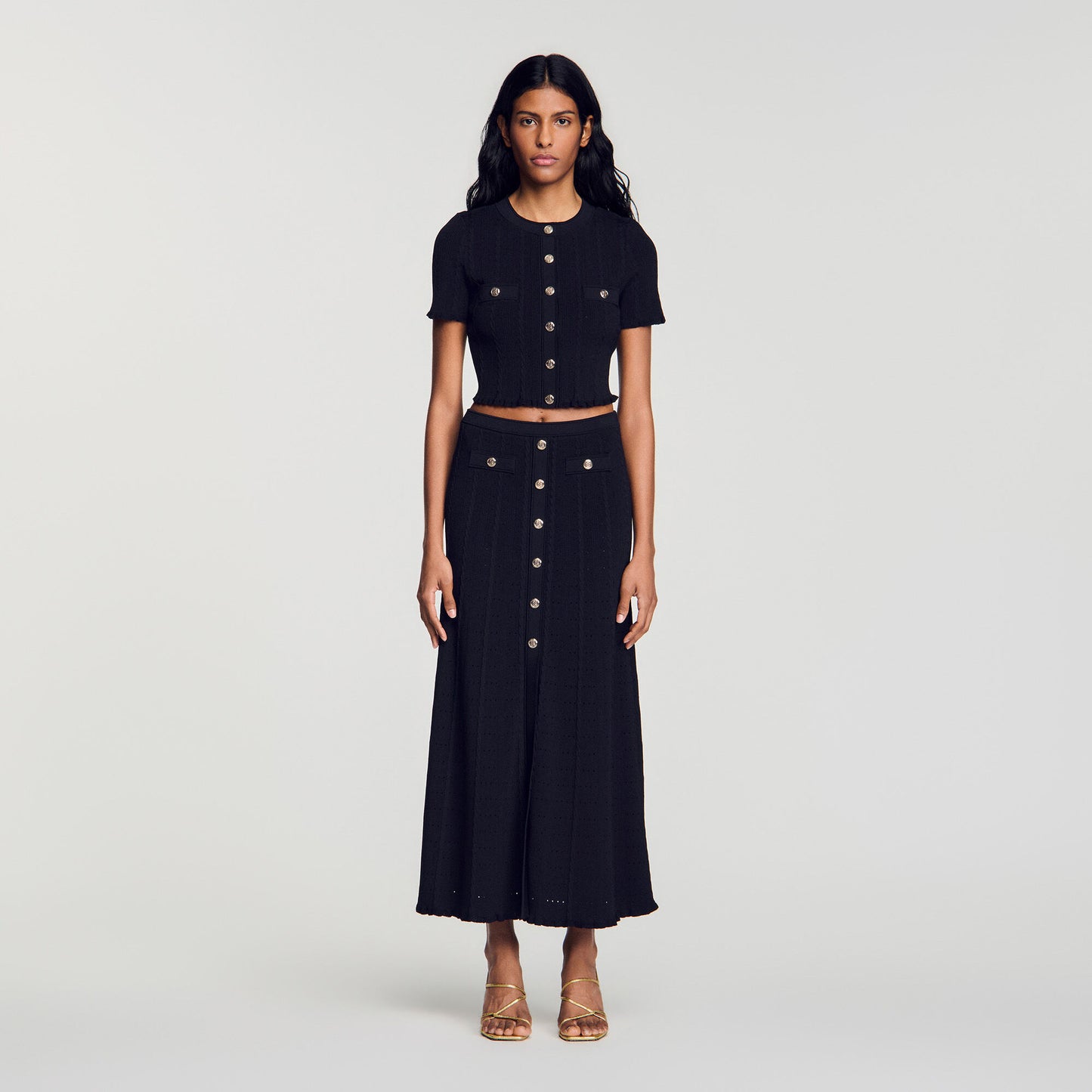 Cropped pointelle knit cardigan