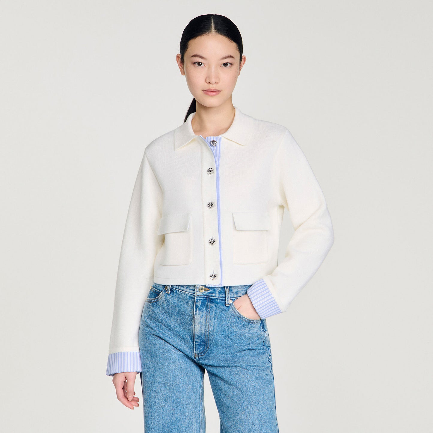 Wool cardigan with a polo collar