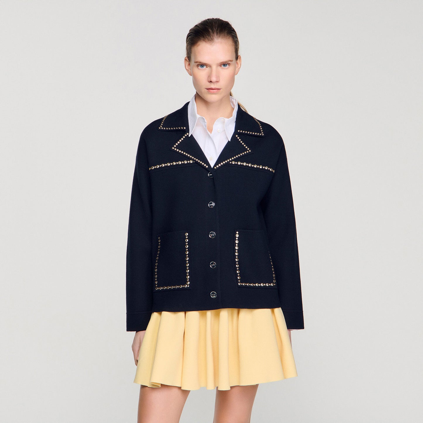 Studded blazer collar cardigan