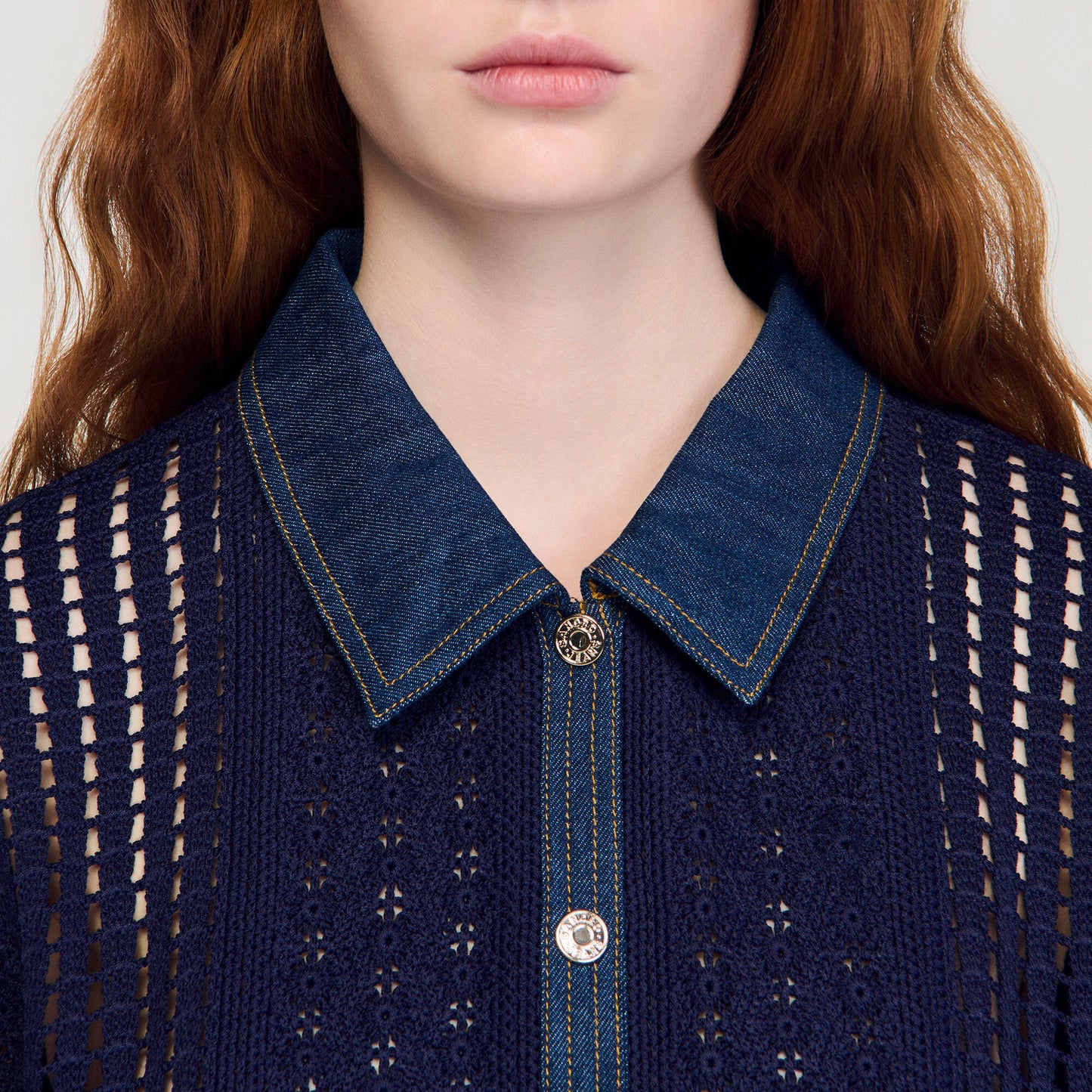 Crochet and denim cardigan