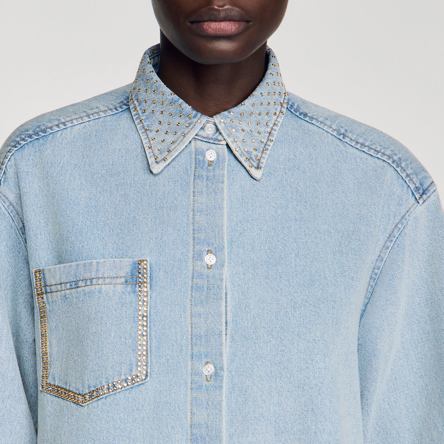Rhinestone cropped denim shirt
