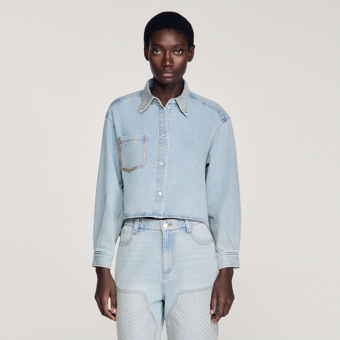Rhinestone cropped denim shirt