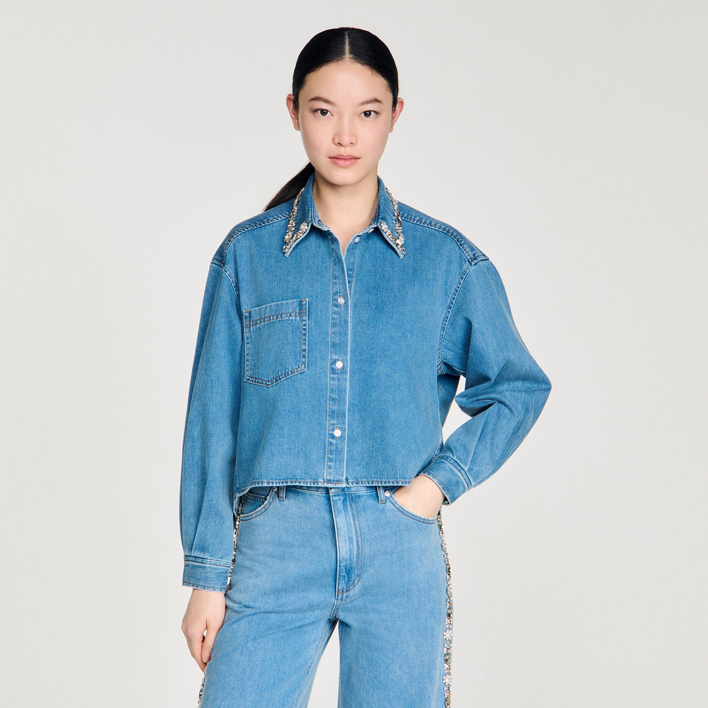 Denim shirt with rhinestones