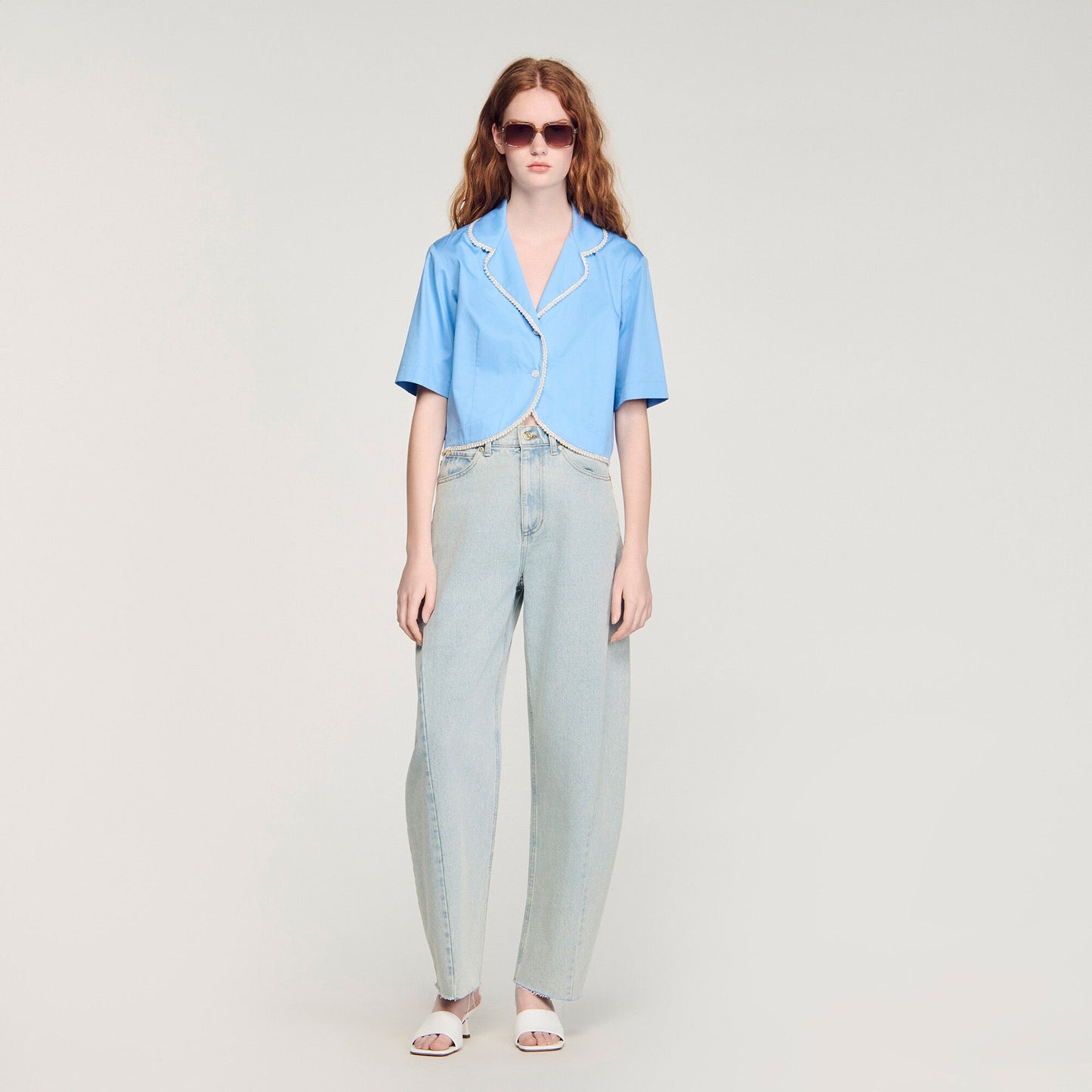 Cotton shirt with beaded trim