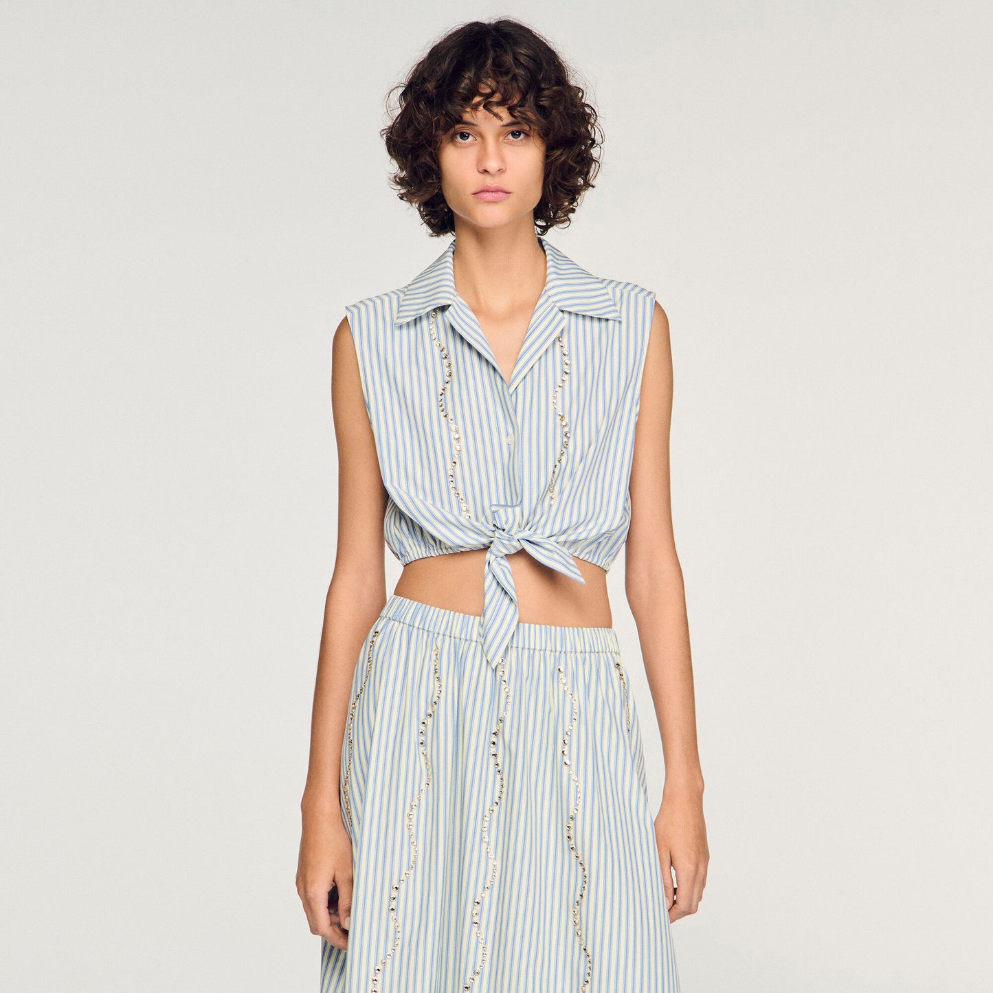 Cropped striped rhinestone shirt