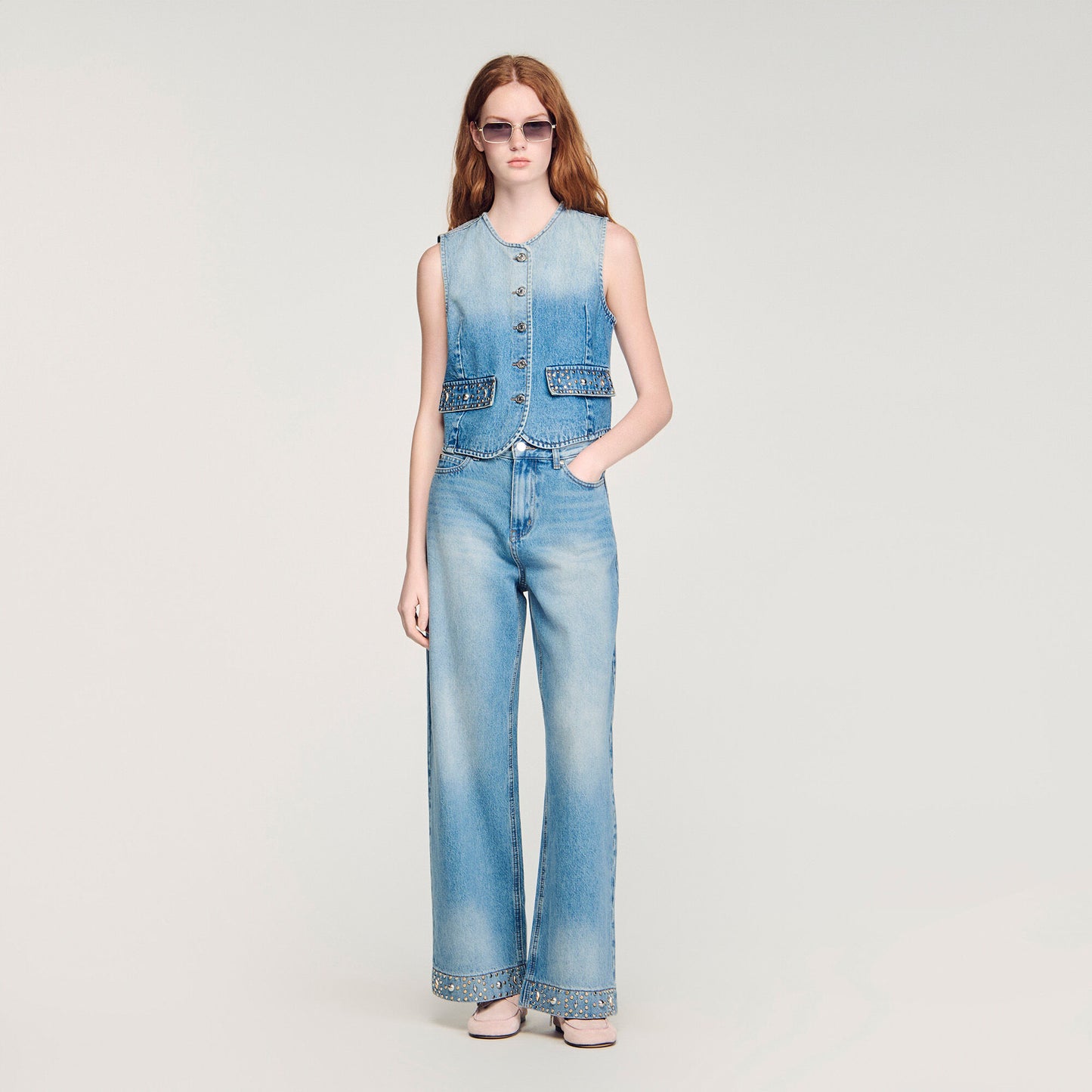 Straight rhinestone cotton jeans