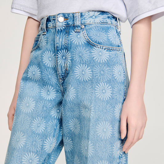 Wide-leg floral print jeans