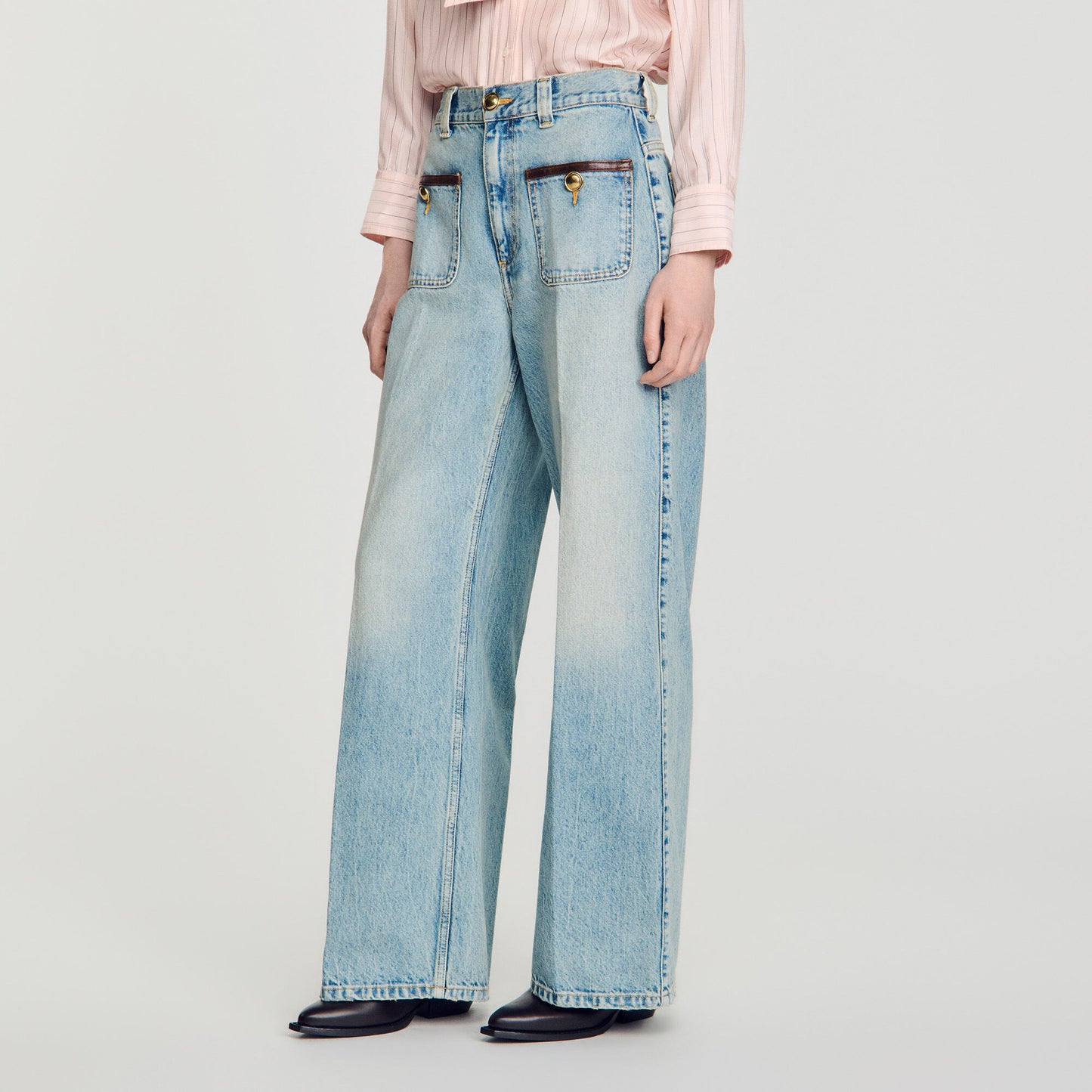 Straight-leg leather detail jeans