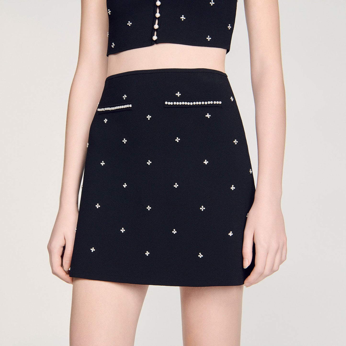 Rhinestone embroidered knit skirt