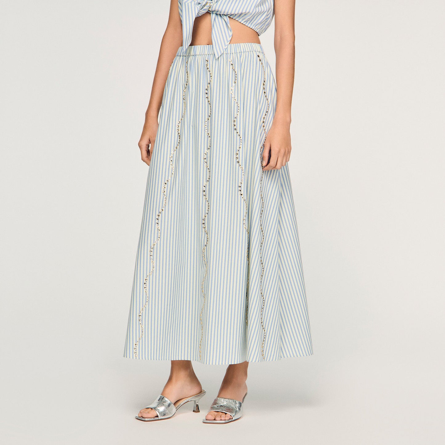 Rhinestone striped long skirt
