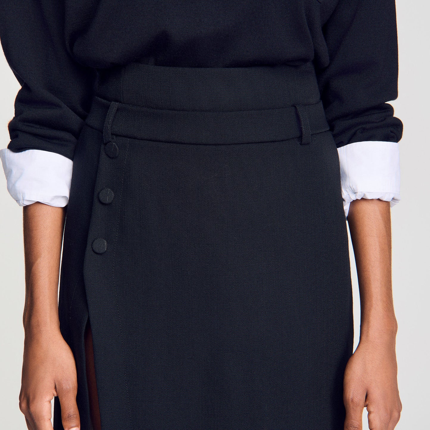 Mid-length slit wool skirt