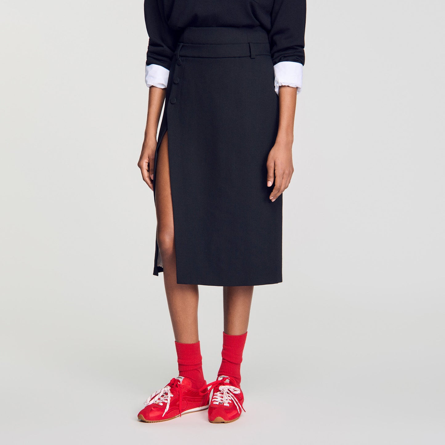 Mid-length slit wool skirt