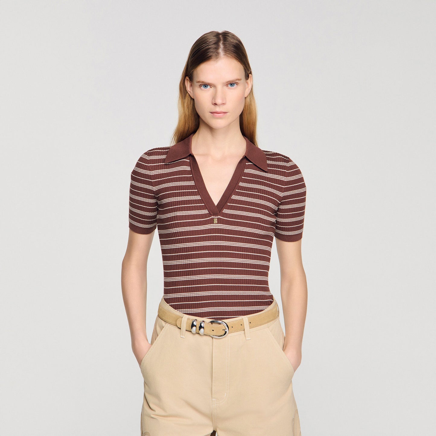 Striped V-neck polo jumper