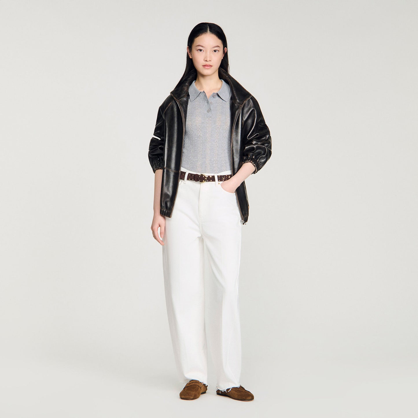 Pointelle polo-neck wool jumper