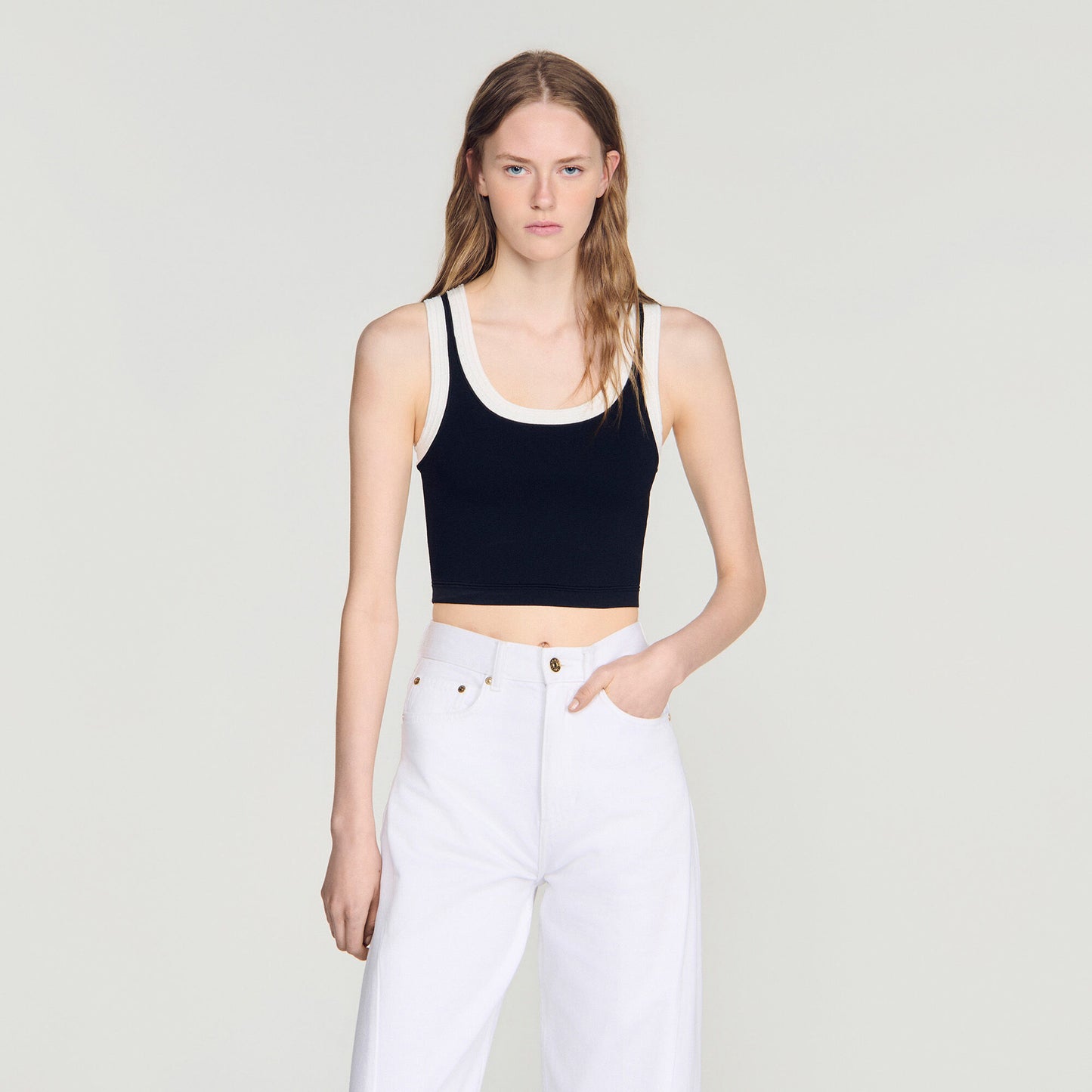 Two-tone cropped knit top