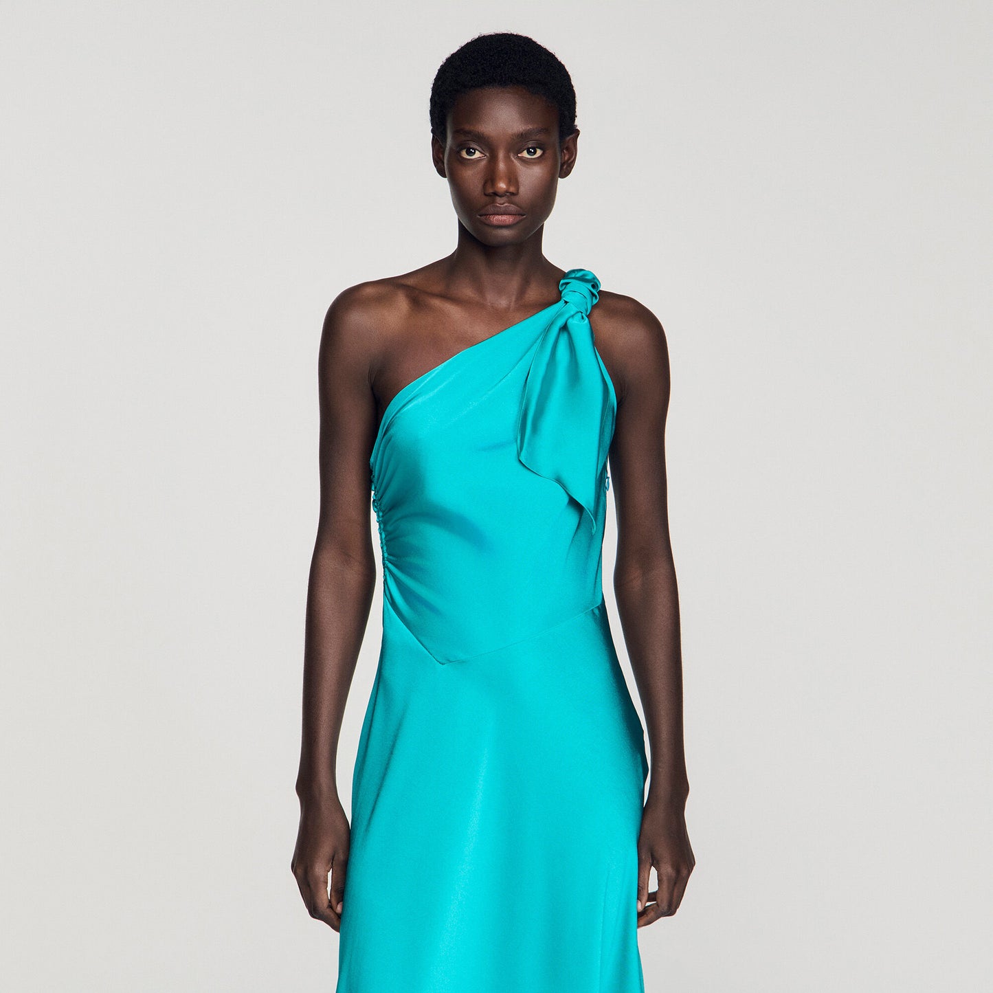 Satin-effect maxi dress with bow