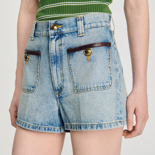 Denim shorts with leather detail