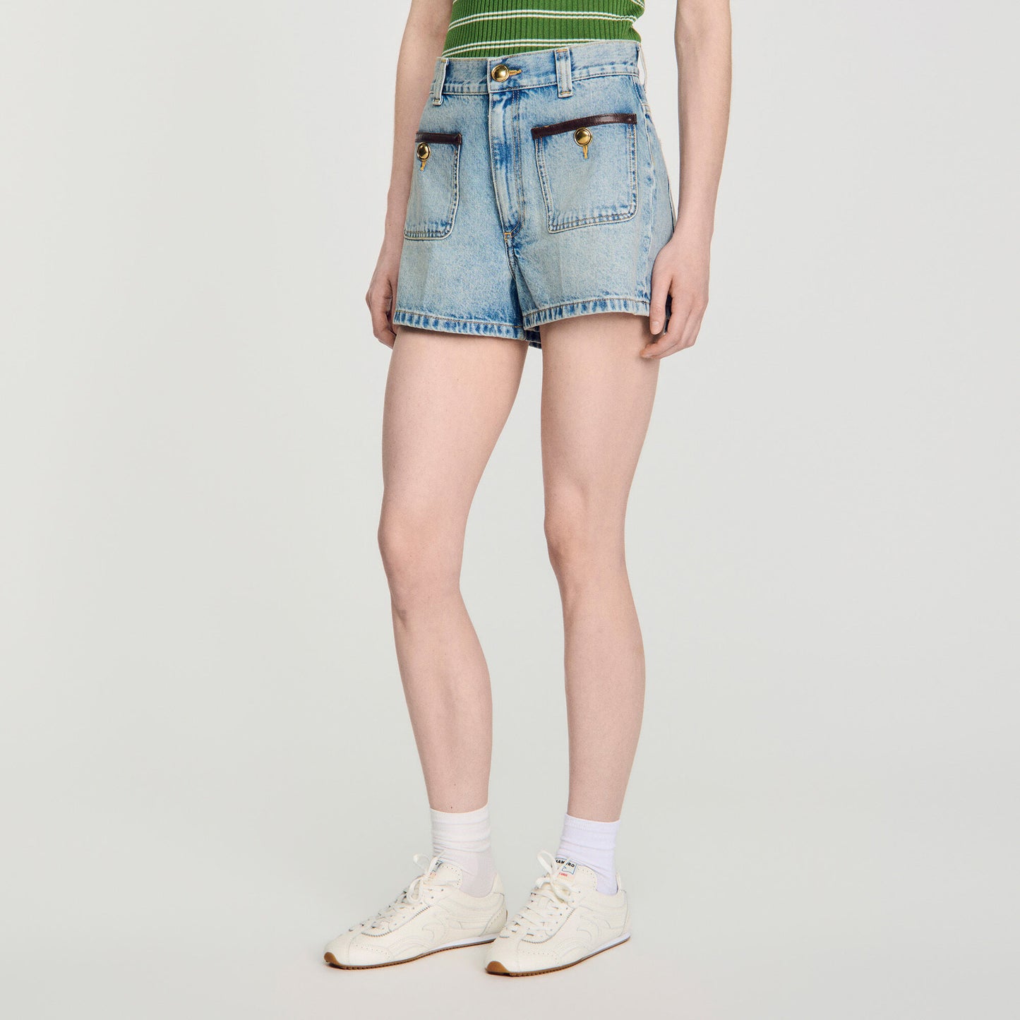 Denim shorts with leather detail