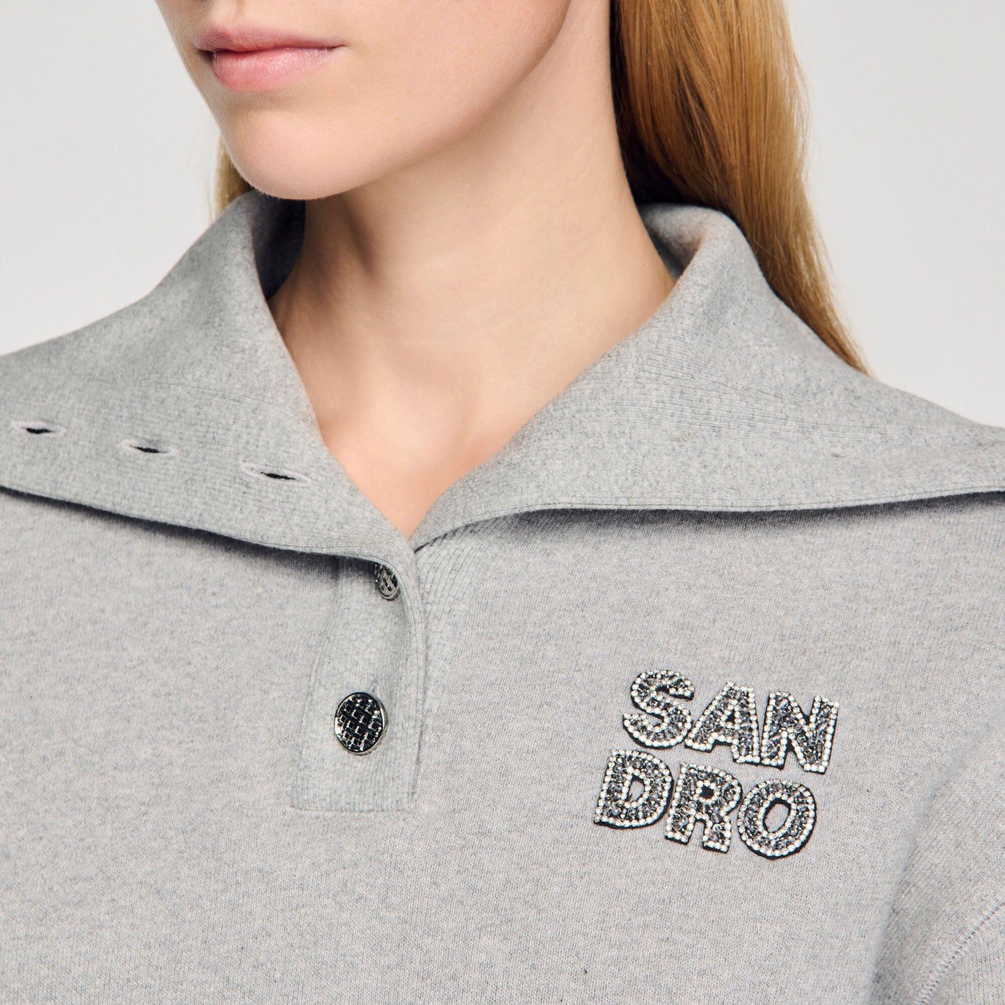 Embroidered split neck sweatshirt