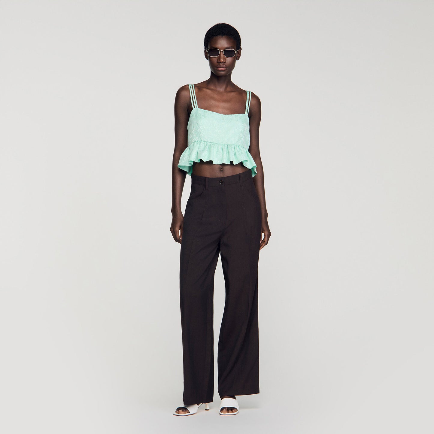 Floral jacquard ruffled crop top