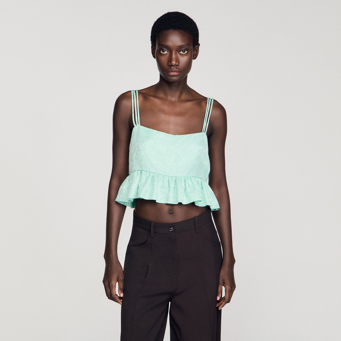 Floral jacquard ruffled crop top