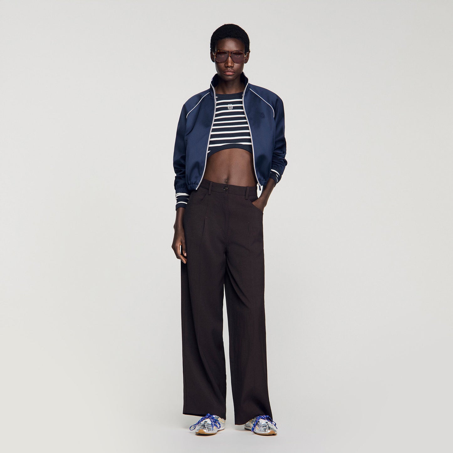 Cropped striped cotton T-shirt