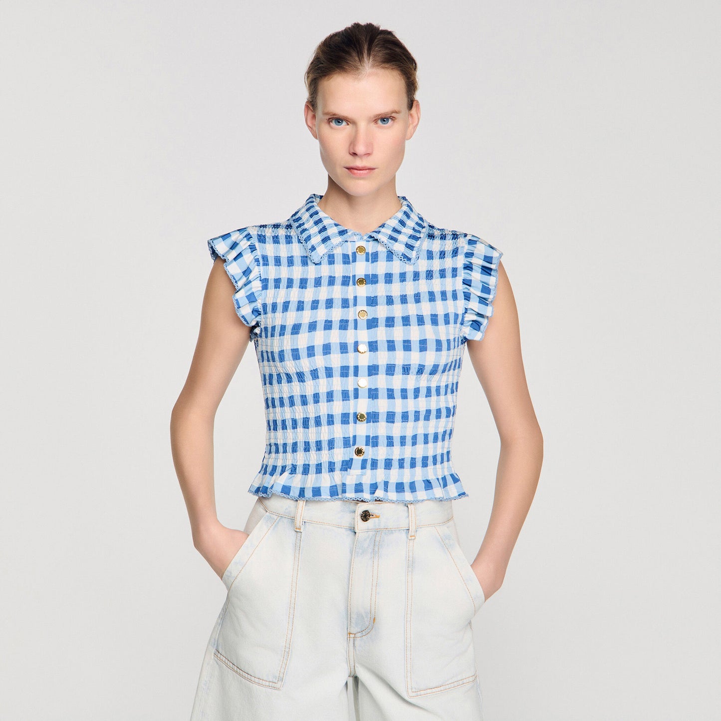 Check smocked T-shirt