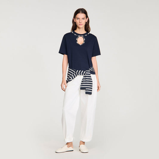 Rhinestone openwork T-shirt