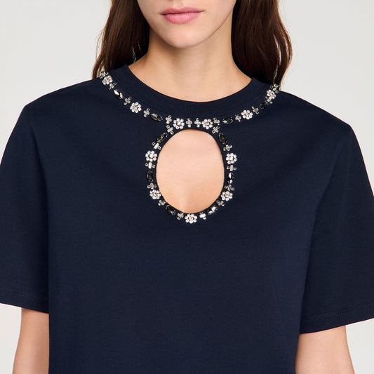 Rhinestone openwork T-shirt