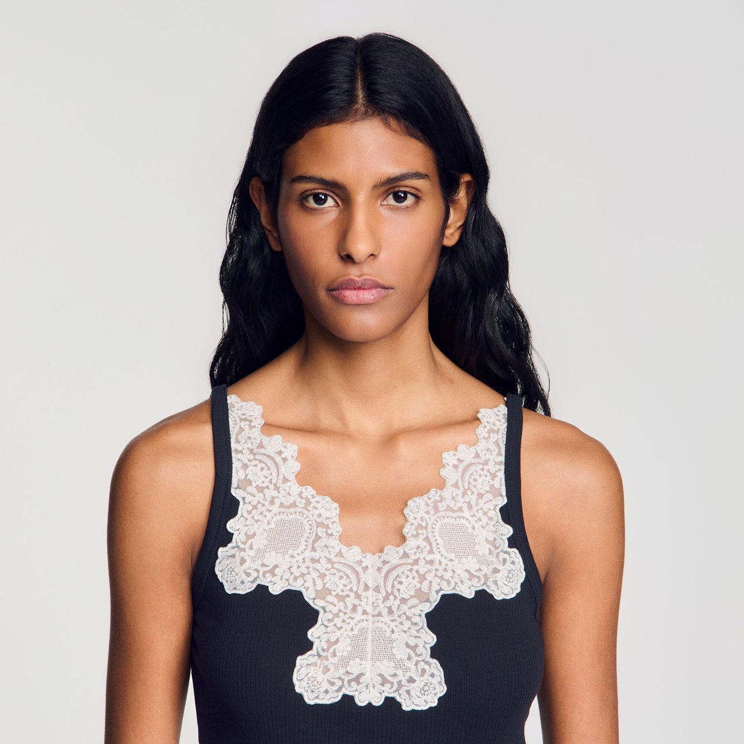 Ribbed vest top with lace