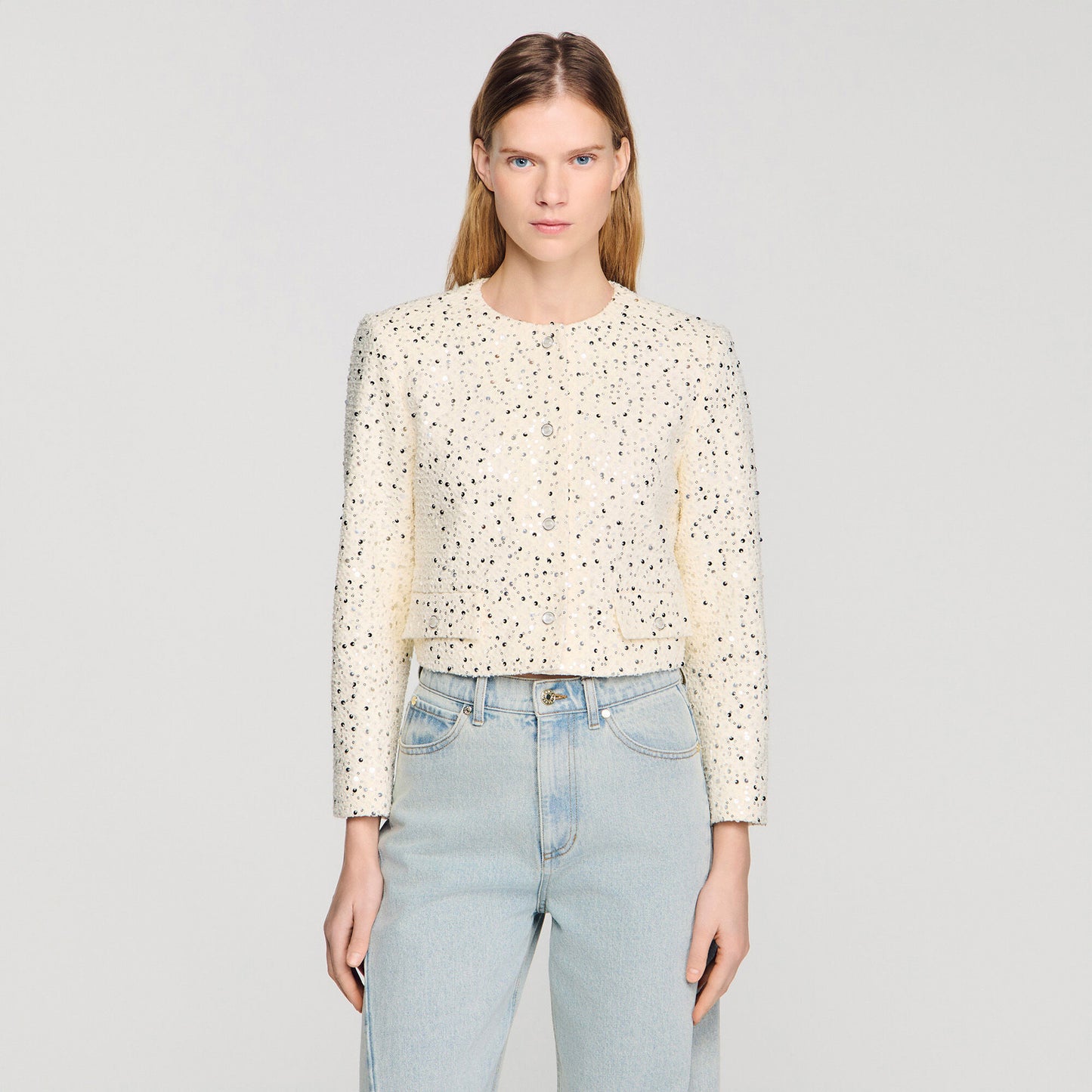 Cropped sequinned cotton jacket