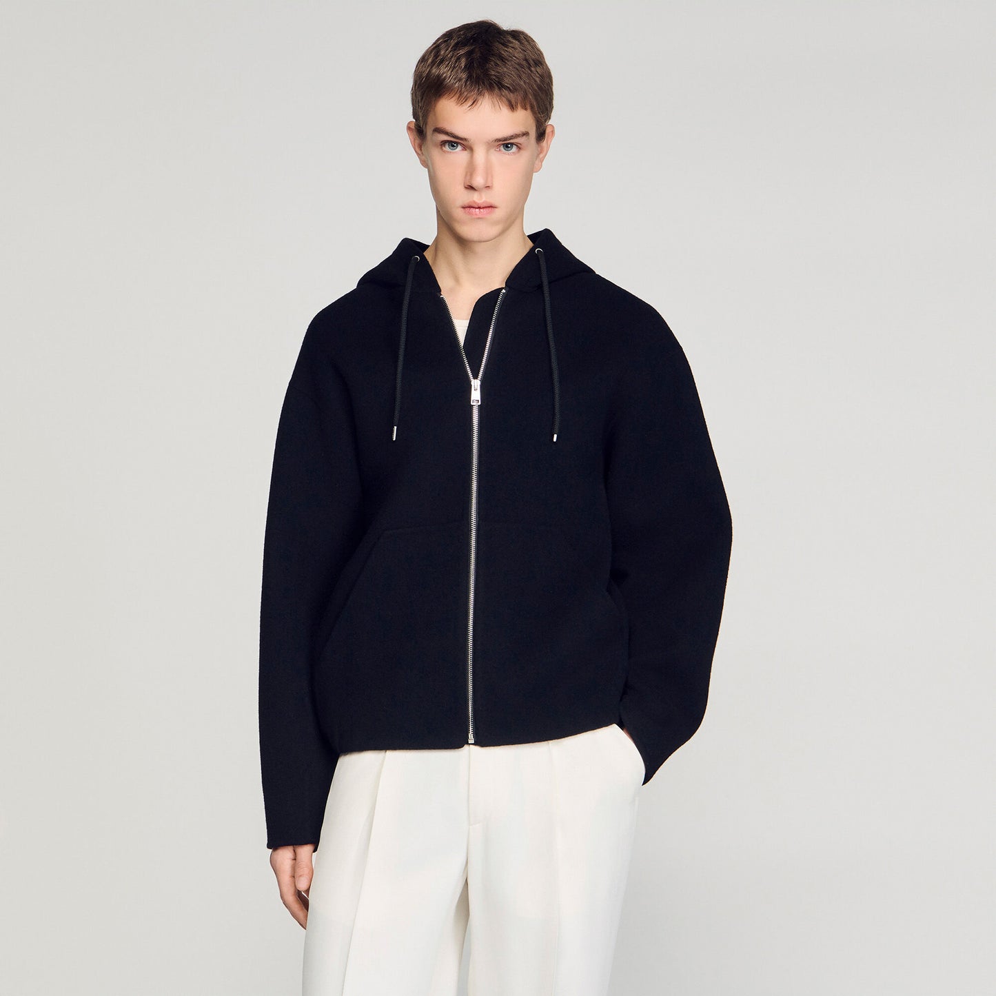 Hooded zip-up wool jacket