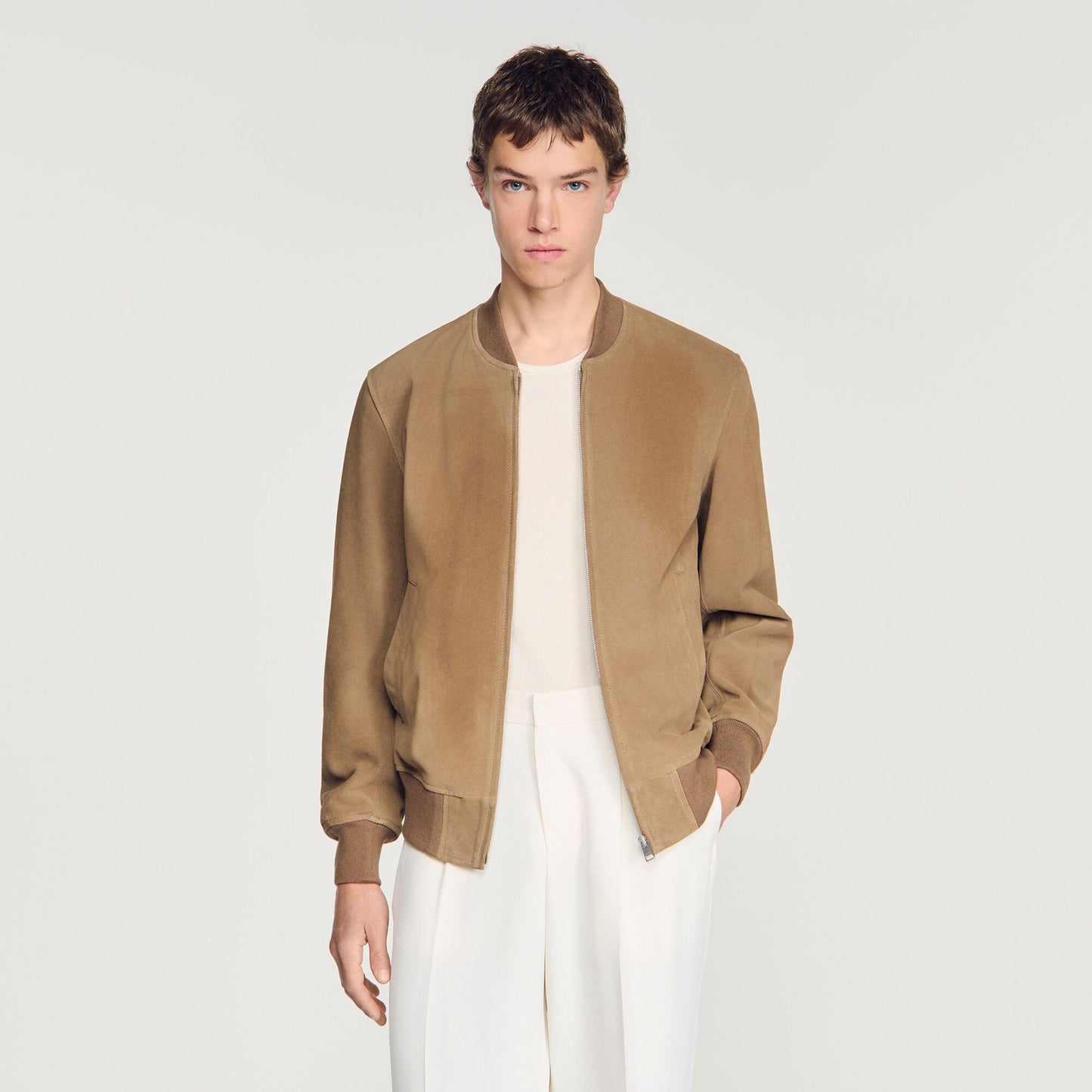 Zip-up split leather jacket