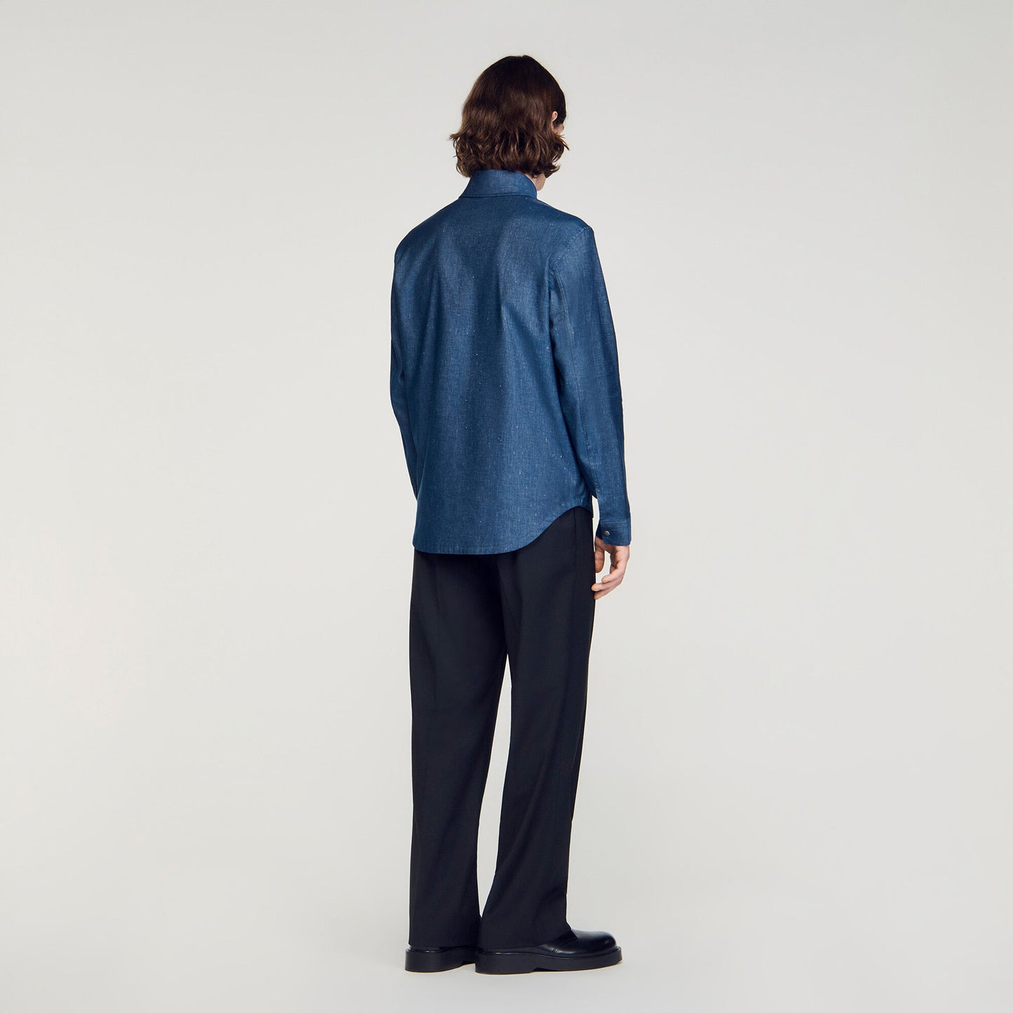 Denim-effect cotton and linen shirt