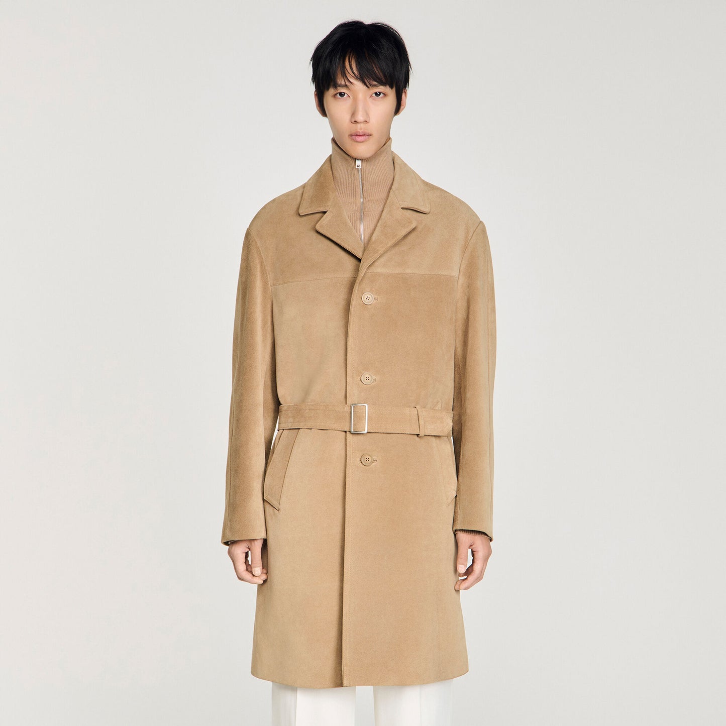 Long belted leather coat